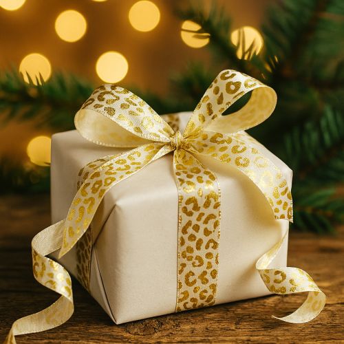 Artikel Band Leopard Print Seidenband Creme Gold 15mm 18m