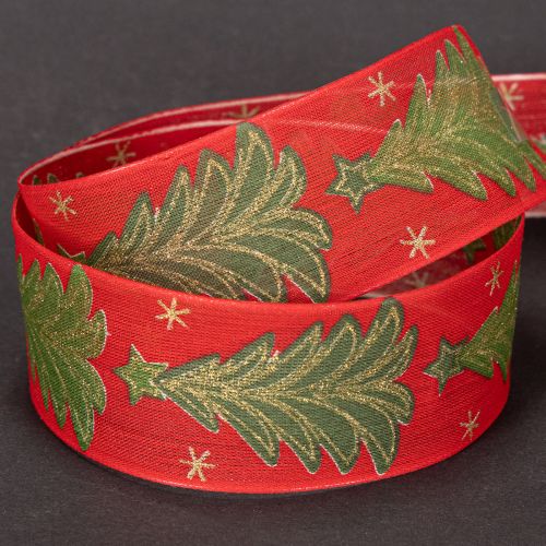 Geschenkband Stoff Tannenbaum Sterne 40mm 15m Rot Grün Gold | Floristik24.at