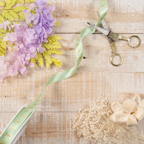 Dekoband aus Polyester mintgrün mit goldenen Schleifen 15mm 18m | Floristik24.at
