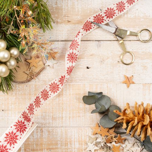 Dekoband Schneeflocken Baumwollmix 25mm 20m Weiß Rot Geschenkdekoration | Floristik24.at