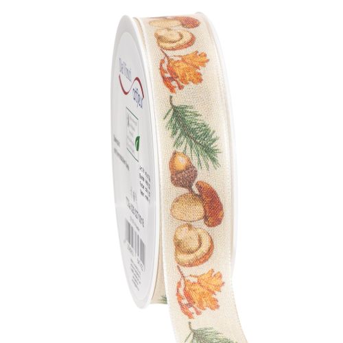 Dekoband mit Pilzen, Herbstlaub und Tannenzweigen 25mm x 18m beige