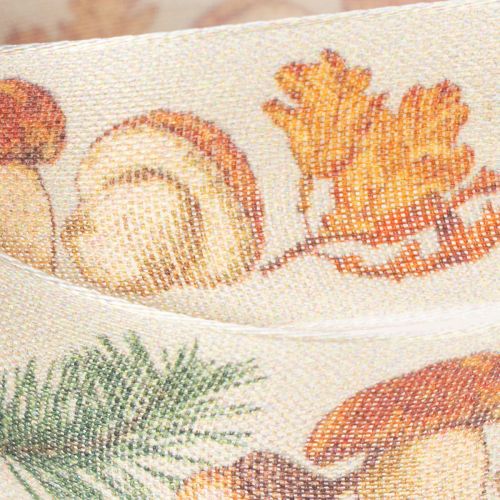 Dekoband mit Pilzen, Herbstlaub und Tannenzweigen 25mm x 18m beige | Floristik24.at