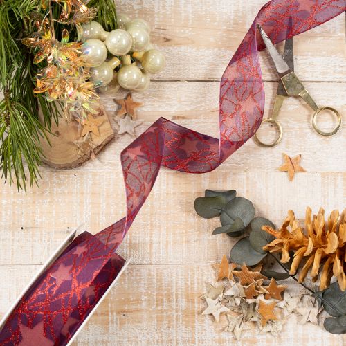 Organzaband mit Sternenmuster lila-rot 40mm x 15m für Weihnachtsdeko | Floristik24.at