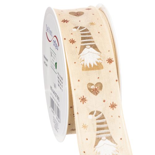 Dekoband aus Stoff mit Wichteln und Herzen 40 mm x 15 m Beige