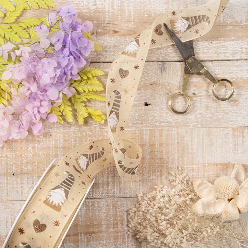 Dekoband aus Stoff mit Wichteln und Herzen 40 mm x 15 m Beige | Floristik24.at