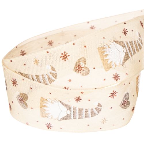 Dekoband aus Stoff mit Wichteln und Herzen 40 mm x 15 m Beige | Floristik24.at