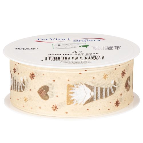 Dekoband aus Stoff mit Wichteln und Herzen 40 mm x 15 m Beige | Floristik24.at