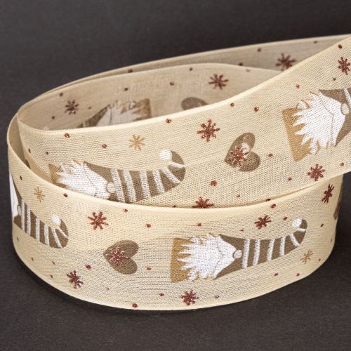 Dekoband aus Stoff mit Wichteln und Herzen 40 mm x 15 m Beige | Floristik24.at