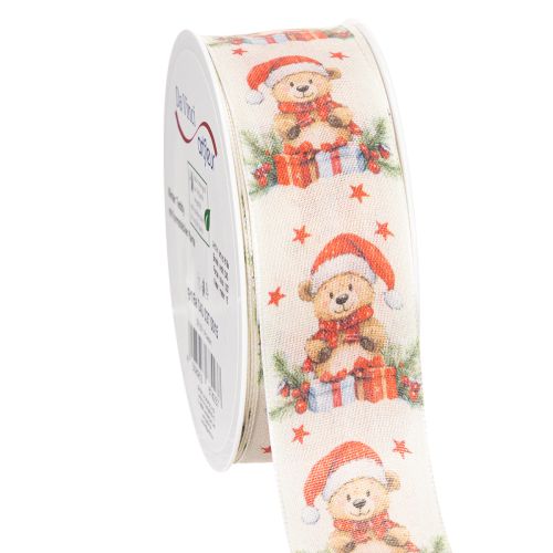 Geschenkband Stoff 40mm Bär Weihnachtsmütze Geschenke Creme Rot Grün 15m
