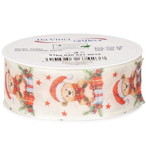 Geschenkband Stoff 40mm Bär Weihnachtsmütze Geschenke Creme Rot Grün 15m | Floristik24.at