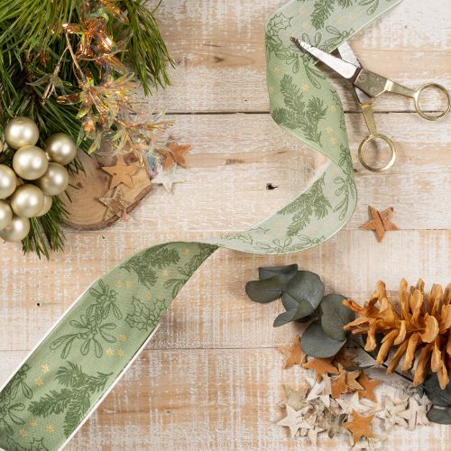 Geschenkband Stechpalme und Mistel Polyester 40mm x 15m Grün | Floristik24.at