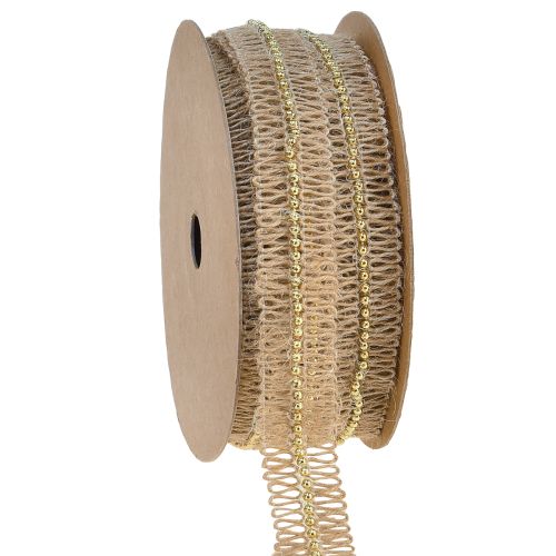 Juteband Dekoband mit goldenen Perlen Jute 17mm 10m
