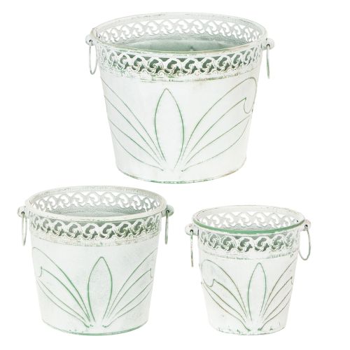Blech-Pflanzgefäße mit Prägung, 3er-Set, Weiß-Grün, H22/19,5/17,5cm, Ø25,5/20,5/15,5cm, mit Henkeln | Floristik24.at