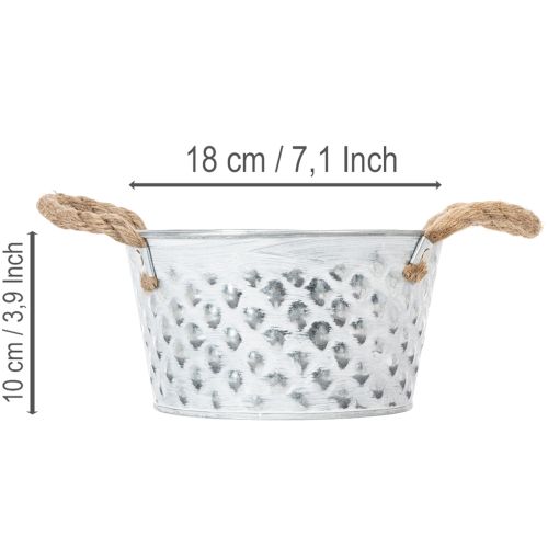 Blech-Dekoschale mit Seilgriffen Ø18cm H10cm in Silber-Weiß für Innen- und Außendekoration | Floristik24.at