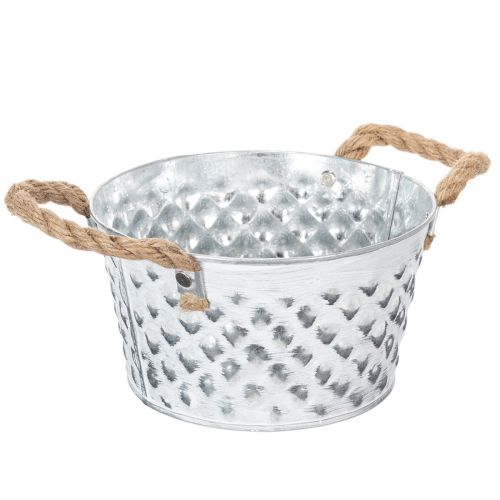 Blech-Dekoschale mit Seilgriffen Ø18cm H10cm in Silber-Weiß für Innen- und Außendekoration | Floristik24.at