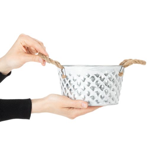 Blech-Dekoschale mit Seilgriffen Ø18cm H10cm in Silber-Weiß für Innen- und Außendekoration | Floristik24.at