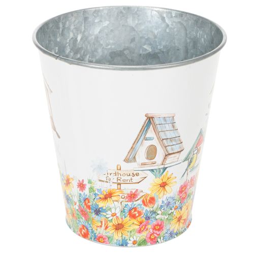 Blechtopf aus Metall mit Vogelhaus-Motiv 14,5cm Ø13,5cm Weiß | Floristik24.at