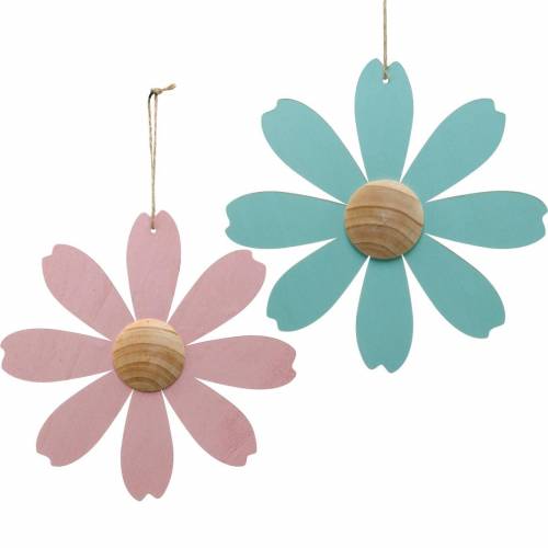 Floristik24 Blumen aus Holz zum Hängen, Frühlingsdeko, Holzblume Rosa und Blau, Sommer, Deko-Blüten 4St