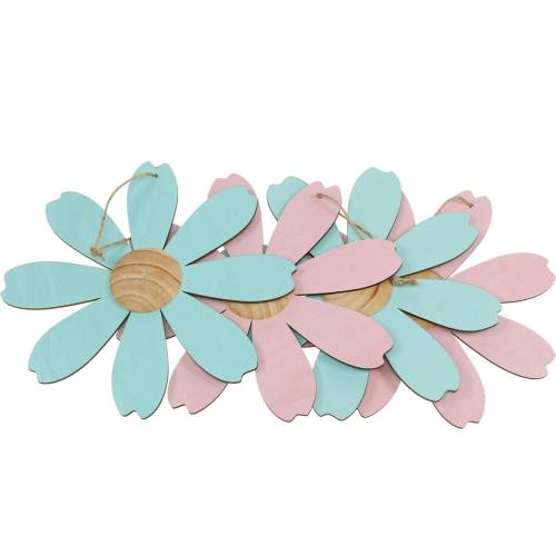 Floristik24 Blumen aus Holz zum Hängen, Frühlingsdeko, Holzblume Rosa und Blau, Sommer, Deko-Blüten 4St