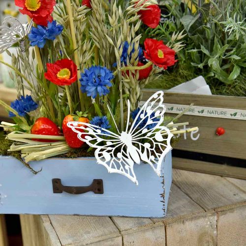 Floristik24 Blumenstecker Schmetterling, Gartendeko Metall, Pflanzenstecker Shabby Chic Weiß, Silbern L51cm 3St