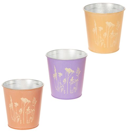 Set aus 3 runden Blumentöpfen aus Metall in Pastellfarben mit Blütenmotiv 12 cm