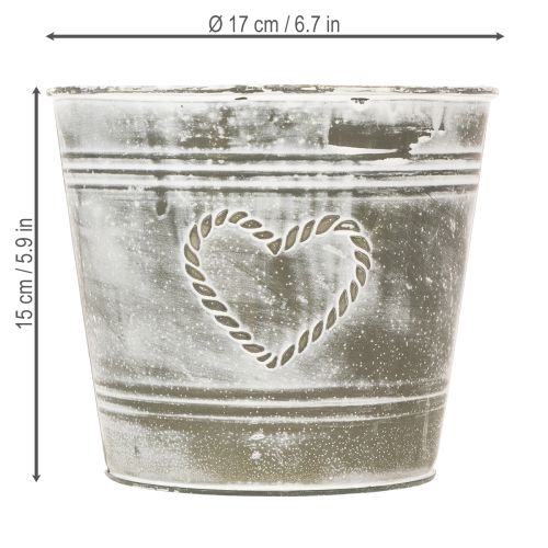Blumentopf Metall Übertopf Shabby Chic Herzmotiv Ø17,5cm H15,5cm Grau Weiß | Floristik24.at