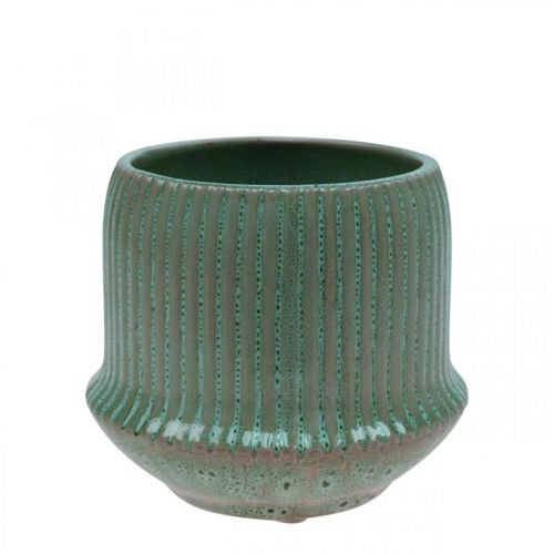 Blumentopf Keramik Übertopf mit Rillen Grün Ø12cm H10,5cm
