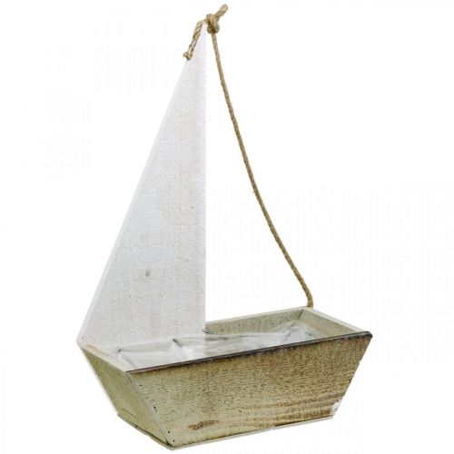 Deko-Schiff, Maritime Holzdeko, Segelboot zum Bepflanzen Weiß, Natur H37cm L25,5cm