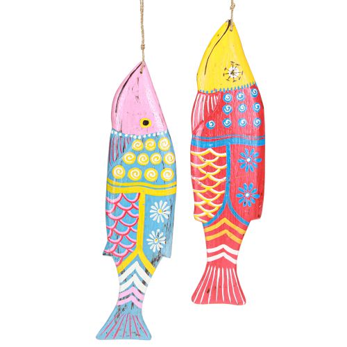 Bunte Holzfische Deko zum Hängen Rot Blau Sortiert 38cm 2St
