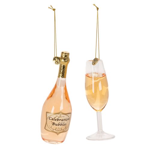 Weihnachtsbaumanhänger Set Sektflasche und Sektglas aus Glas 14cm Orange