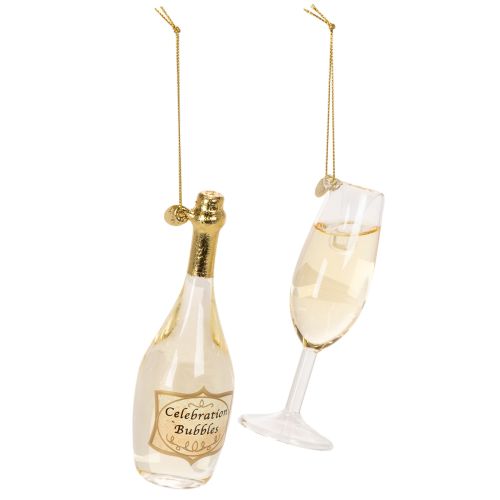 Sektflasche und Sektglas Anhänger-Set aus Glas 14cm goldfarben