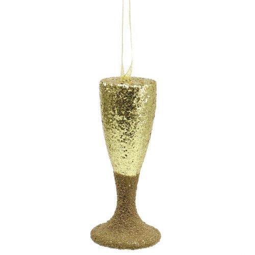 Artikel Aufhänger Champagnerglas Hellgold-Glitter 15cm Silvester und Weihnachten