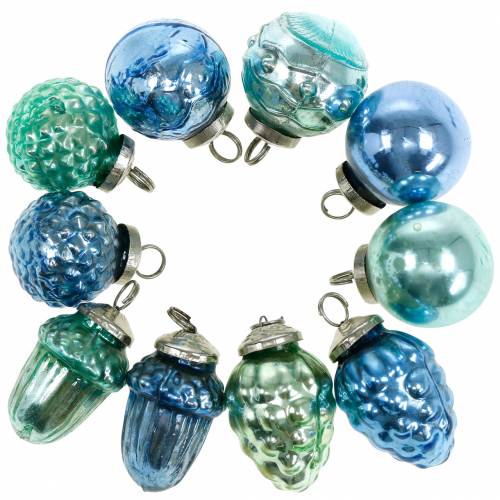 Floristik24 Mini-Baumschmuck Mix Herbstfrüchte und Kugeln Blau/Grün, Silbern Echtglas 3,4–4,4cm 10St