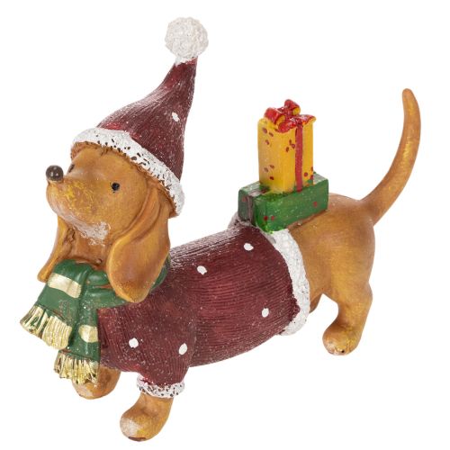 Dekofigur Dackel aus Polyresin 18 cm mit Geschenkpaket und Weihnachtsmütze bestellen | Floristik24.at