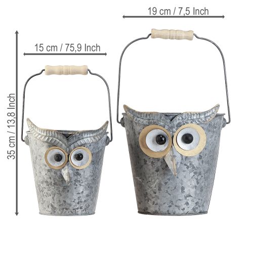 Artikel Deko Eimer Eule Übertopf Zink mit Henkel Ø15/19cm 2er-Set