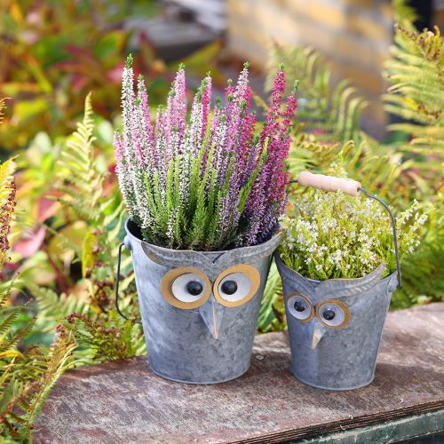 Artikel Deko Eimer Eule Übertopf Zink mit Henkel Ø15/19cm 2er-Set