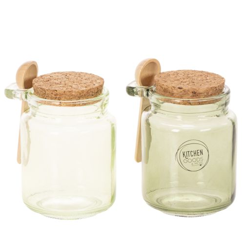 Deko-Gläser aus Glas mit Korkdeckel und Holzlöffeln, Grün, Ø 7 cm, H 10 cm, 2er-Set