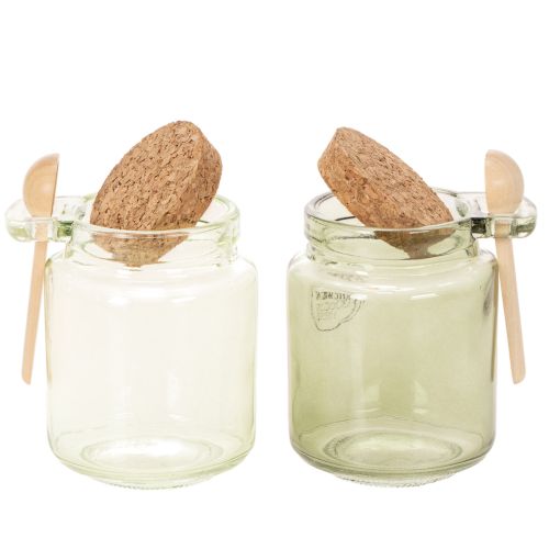 Deko-Gläser aus Glas mit Korkdeckel und Holzlöffeln, Grün, Ø 7 cm, H 10 cm, 2er-Set | Floristik24.at