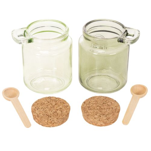 Deko-Gläser aus Glas mit Korkdeckel und Holzlöffeln, Grün, Ø 7 cm, H 10 cm, 2er-Set | Floristik24.at