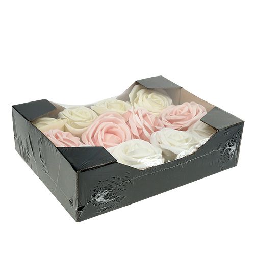 Floristik24 Deko-Rose Mix Weiß, Rosa, Creme Ø7,5cm 12St