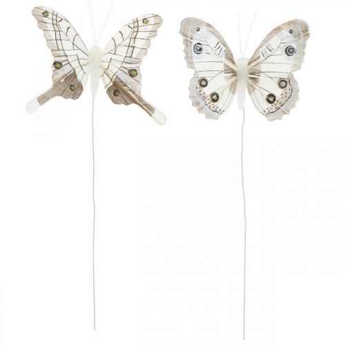 Floristik24 Deko-Schmetterlinge Weiß, Braun Federschmetterling am Draht 7,5cm 6St