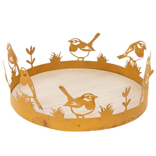Deko-Tablett aus Holz und Metall Ø20cm H8,5cm mit Vogelmotiv in Edelrostoptik bestellen | Floristik24.at