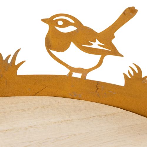 Deko-Tablett aus Holz und Metall Ø20cm H8,5cm mit Vogelmotiv in Edelrostoptik | Floristik24.at