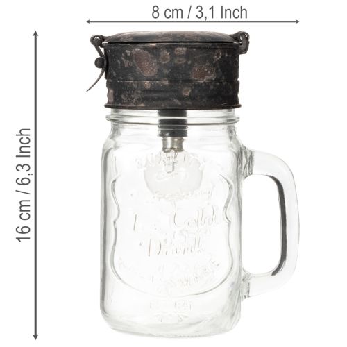 Deko-Glas mit LED-Lampe und Schraubdeckel Ø 8 cm H 16 cm aus Glas und Metall in Transparent und Braun | Floristik24.at