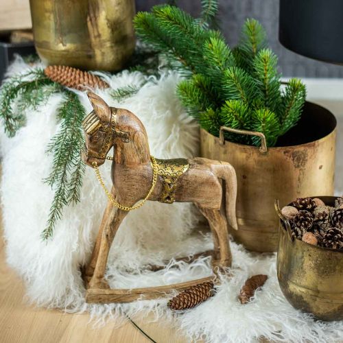 Artikel Deko Schaukelpferd Holz massiv Weihnachten Natur, Golden 28×39×9,5cm