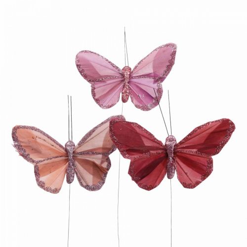 Floristik24 Deko-Schmetterling am Draht Federschmetterling Rosa 10×6cm 12St