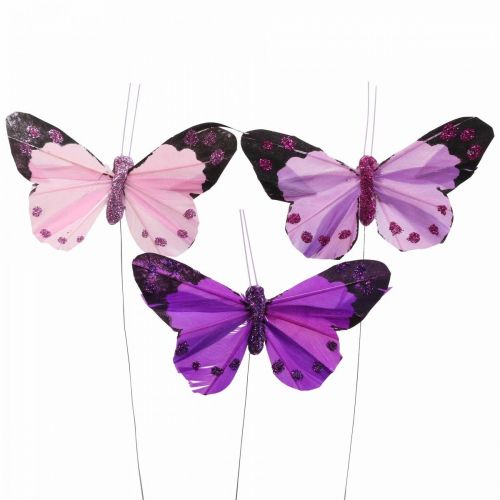 Floristik24 Deko-Schmetterling am Draht Federschmetterlinge Lila/Rosa 9,5cm 12St