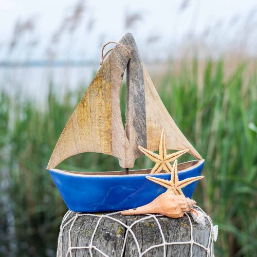 Artikel Deko Segelboot Holz Mango, Holzschiff Blau H27,5cm