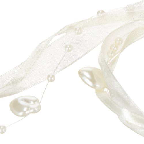 Dekoband Creme mit Herzen und Perlen 10mm x 5m Polyester Polystyrol | Floristik24.at