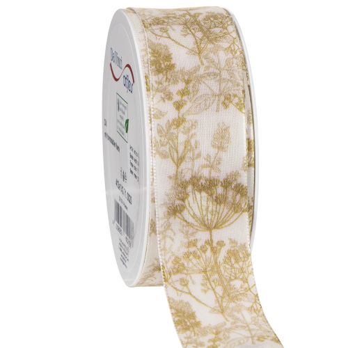 Geschenkband aus Polyester mit Pflanzenmotiven 40 mm x 20 m Creme Gold